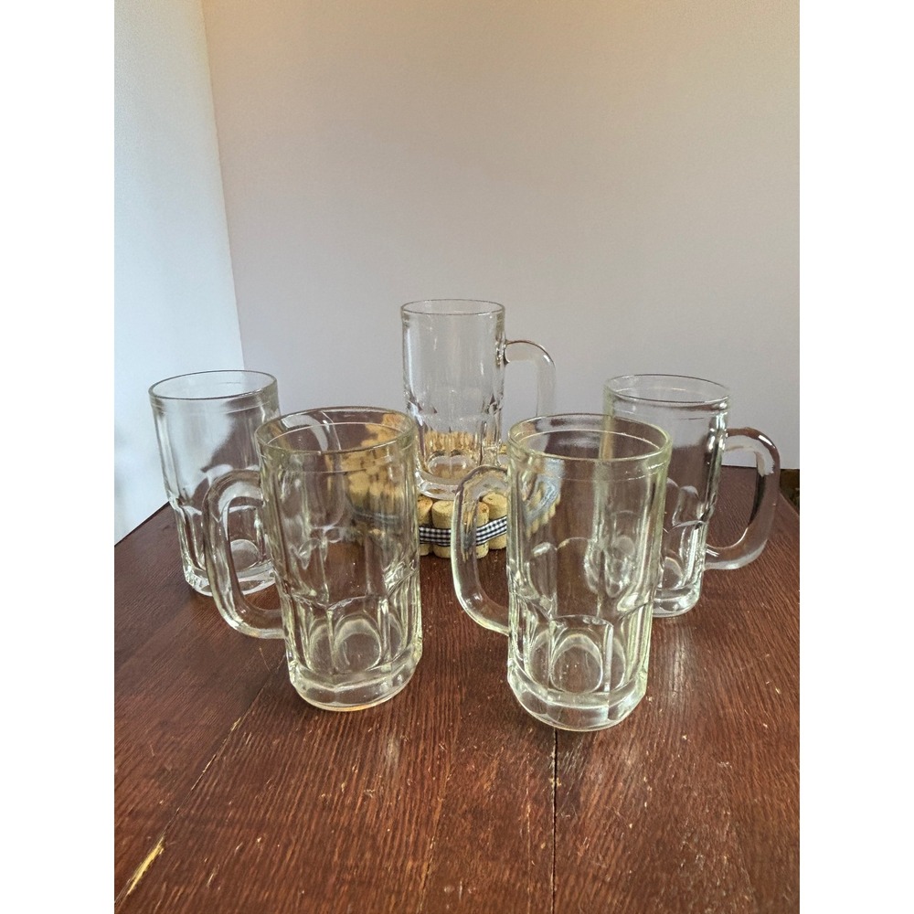 Vintage Clear Glass Beer Mugs Set of 5 Paneled Tankard Stein Barware 5.5 Inch